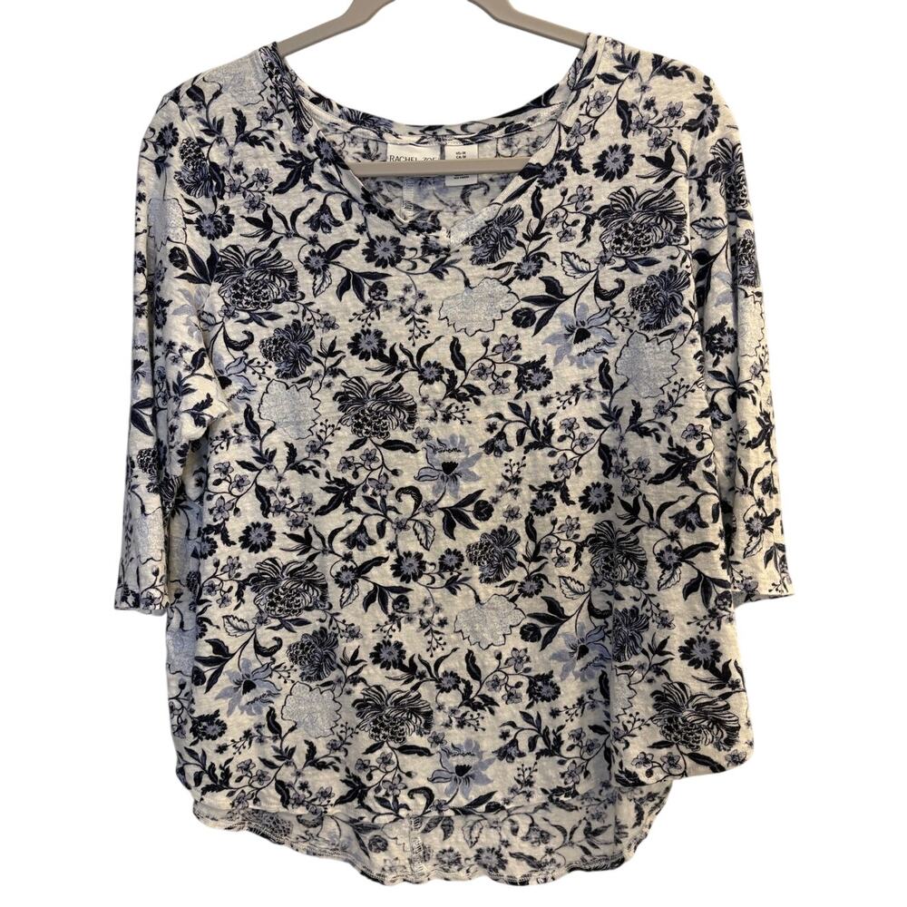 Rachel Zoe Size 1X PLUS 100% Linen Blue Floral 3/4 Sleeve Lightweight Top